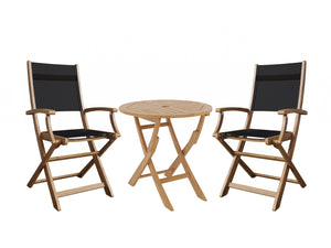 Lucas 3-Piece Round Teak Outdoor Bistro Set in Black with Folding Table and Armchairs