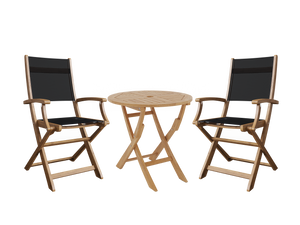 Lucas 3-Piece Round Teak Outdoor Bistro Set in Black with Folding Table and Armchairs