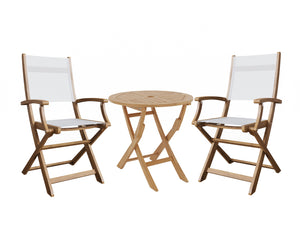 Lucas 3-Piece Round Teak Outdoor Bistro Set in White with Folding Table and Armchairs