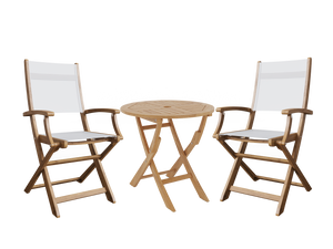 Lucas 3-Piece Round Teak Outdoor Bistro Set in White with Folding Table and Armchairs