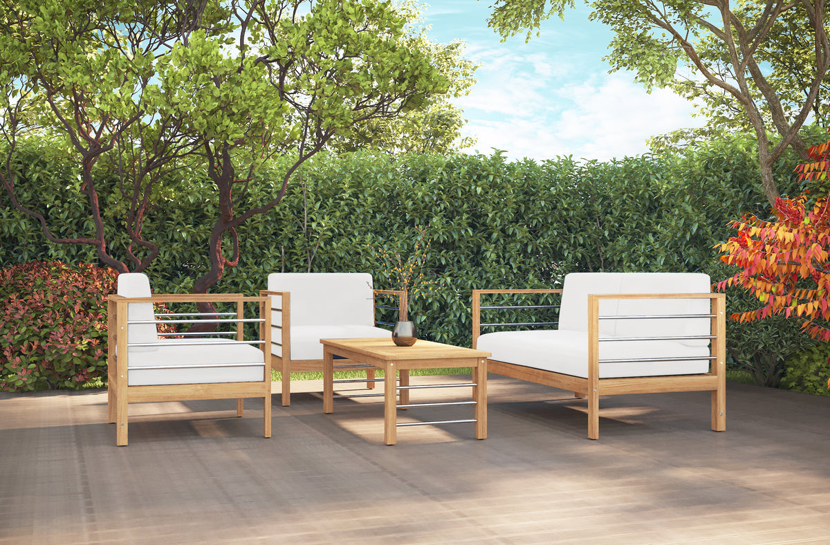 Leon 4-Piece Teak Outdoor Patio Deep Seating Set with Sunbrella White Cushions