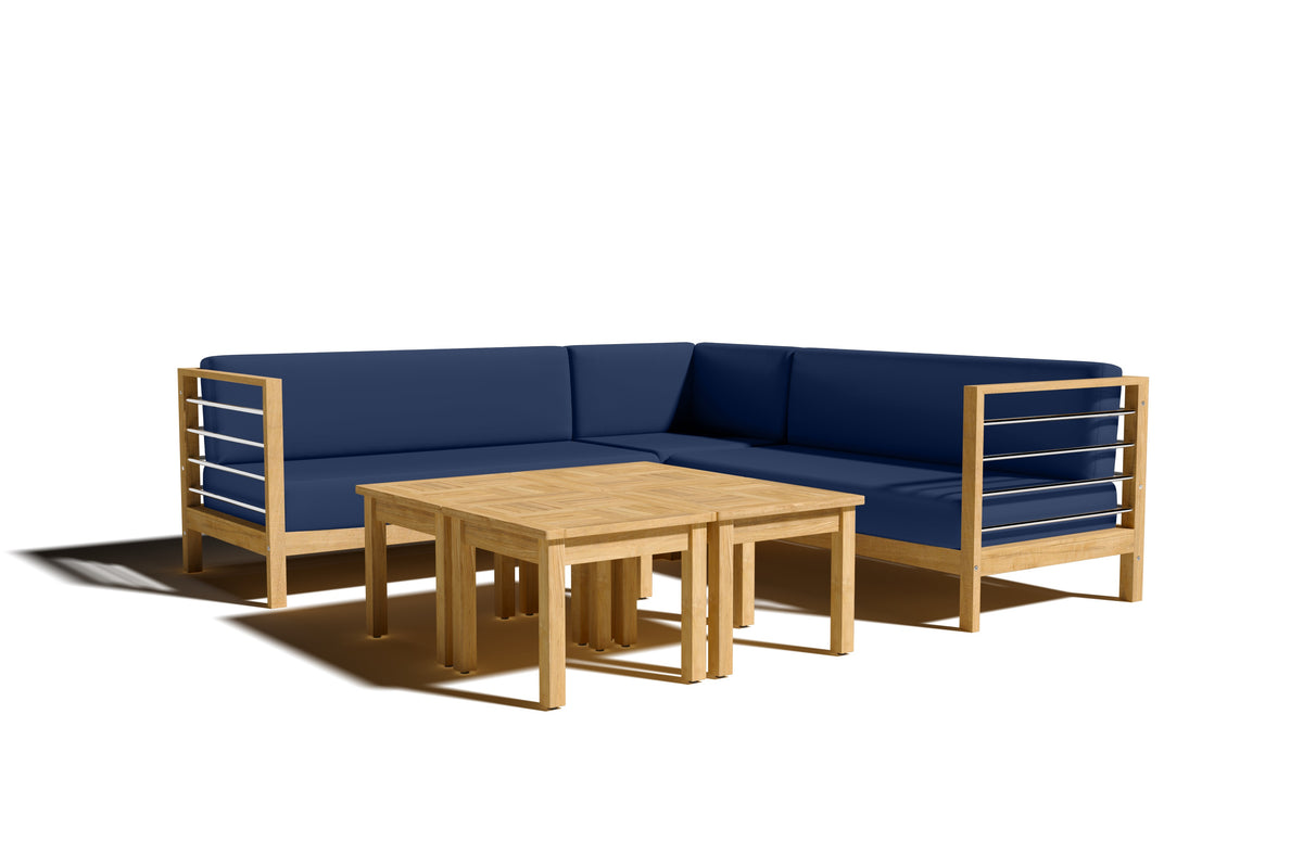 Leon 7-piece Teak Outdoor Sectional Deep Seating Set with Sunbrella Navy Cushions