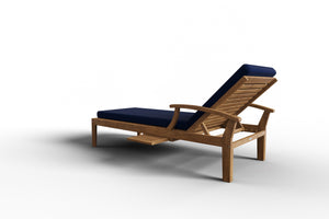 Delaine Teak Outdoor Reclining Sun Lounger with Sunbrella Navy Cushion and Slide-out Tray