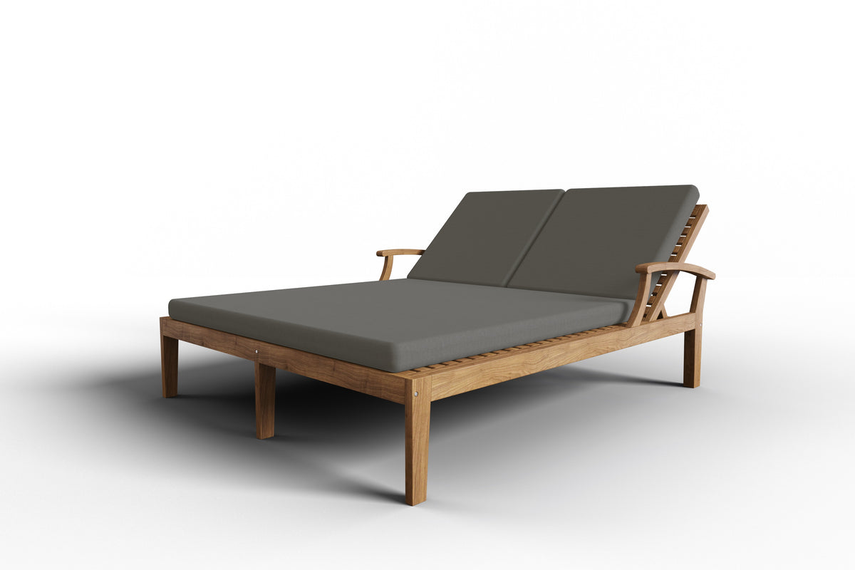 Delaine Double Teak Outdoor Reclining Sun Lounger with Sunbrella Charcoal Cushion