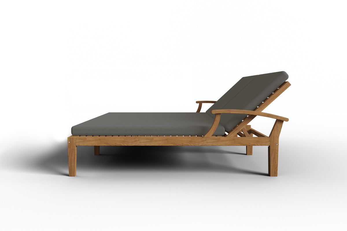 Delaine Double Teak Outdoor Reclining Sun Lounger with Sunbrella Charcoal Cushion