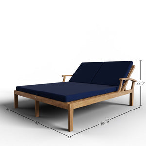 Delaine Double Teak Outdoor Reclining Sun Lounger with Sunbrella Navy Cushion