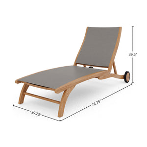 Perrin Teak Outdoor Reclining Chaise Lounger in Taupe with Rear Wheels