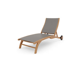 Perrin Teak Outdoor Reclining Chaise Lounger in Taupe with Rear Wheels