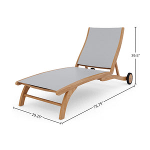 Perrin Teak Outdoor Reclining Chaise Lounger in White with Rear Wheels