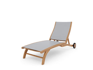 Perrin Teak Outdoor Reclining Chaise Lounger in White with Rear Wheels