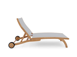 Perrin Teak Outdoor Reclining Chaise Lounger in White with Rear Wheels