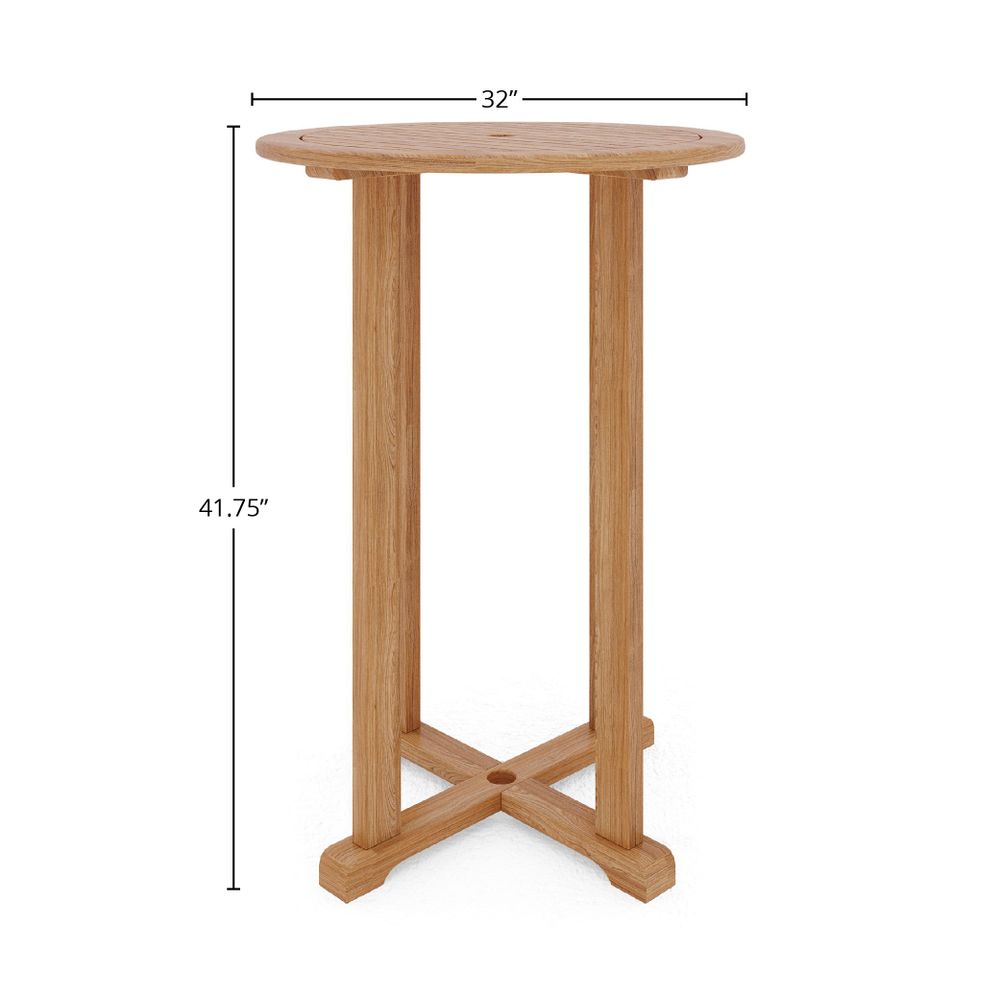 Clement Round Teak Outdoor Bar Height Bistro Table with Umbrella Hole