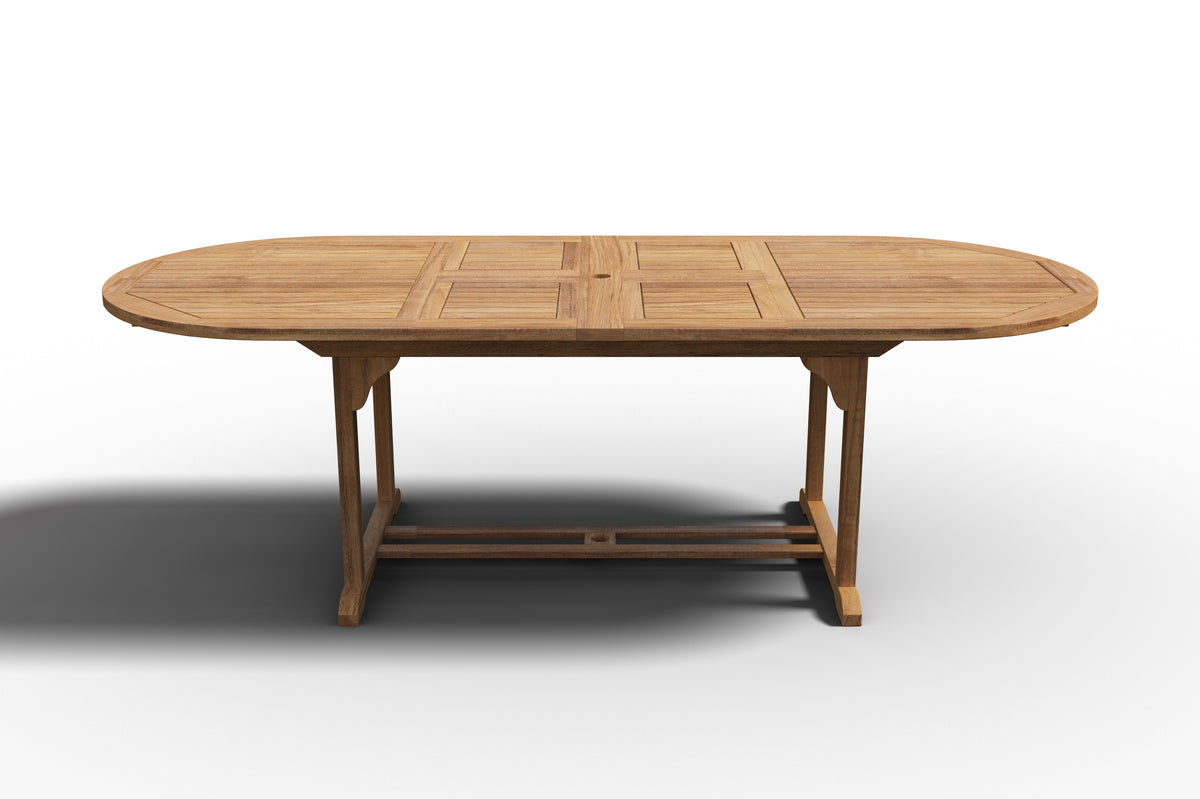 Amelie Oval Teak Outdoor Dining Table with Double Extensions and Umbrella Hole