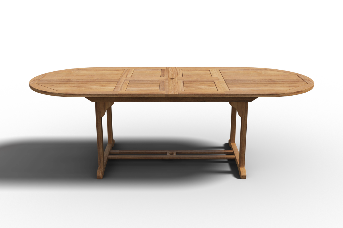 Amelie Oval Teak Outdoor Dining Table with Double Extensions and Umbrella Hole