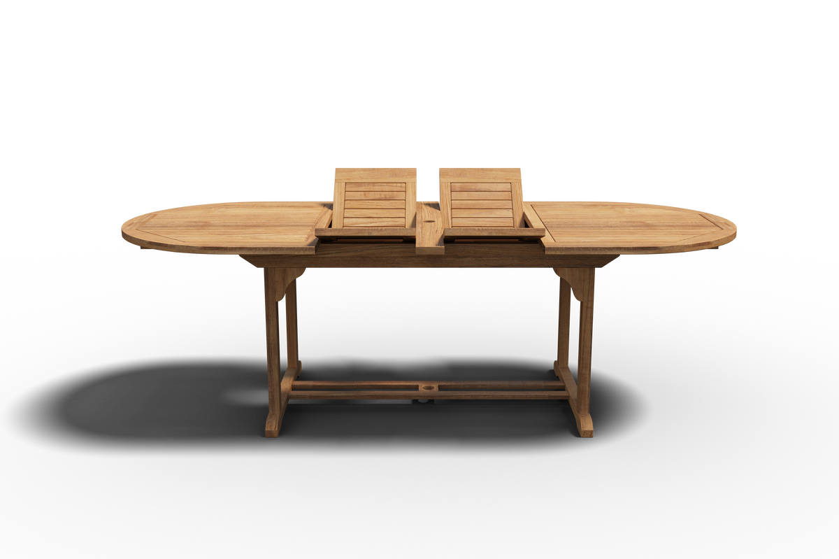 Amelie Oval Teak Outdoor Dining Table with Double Extensions and Umbrella Hole