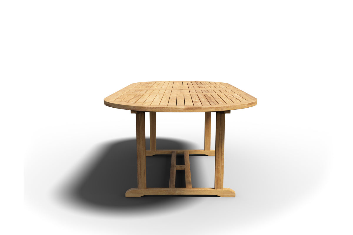 Amelie Oval Teak Outdoor Dining Table with Double Extensions and Umbrella Hole