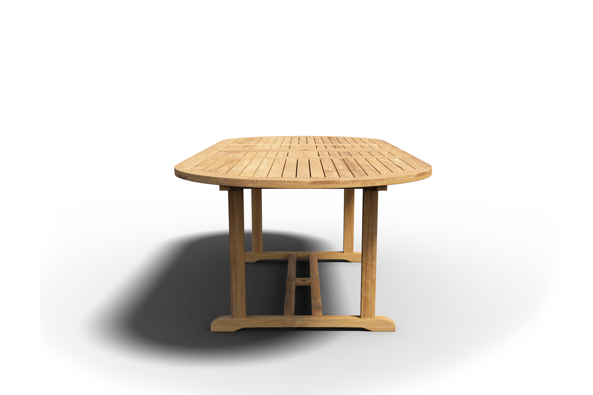 Amelie Oval Teak Outdoor Dining Table with Double Extensions and Umbrella Hole