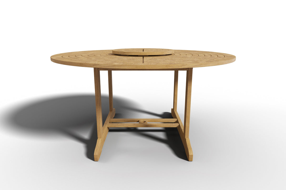 Ambre 59-inch Round Teak Outdoor Dining Table with Lazy Susan and Umbrella Hole Outdoor Table