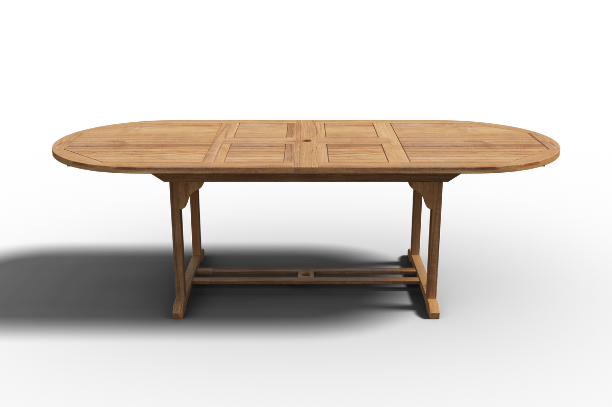 Amelie Oval Teak Outdoor Dining Table with Double Extensions and Umbrella Hole Outdoor Table