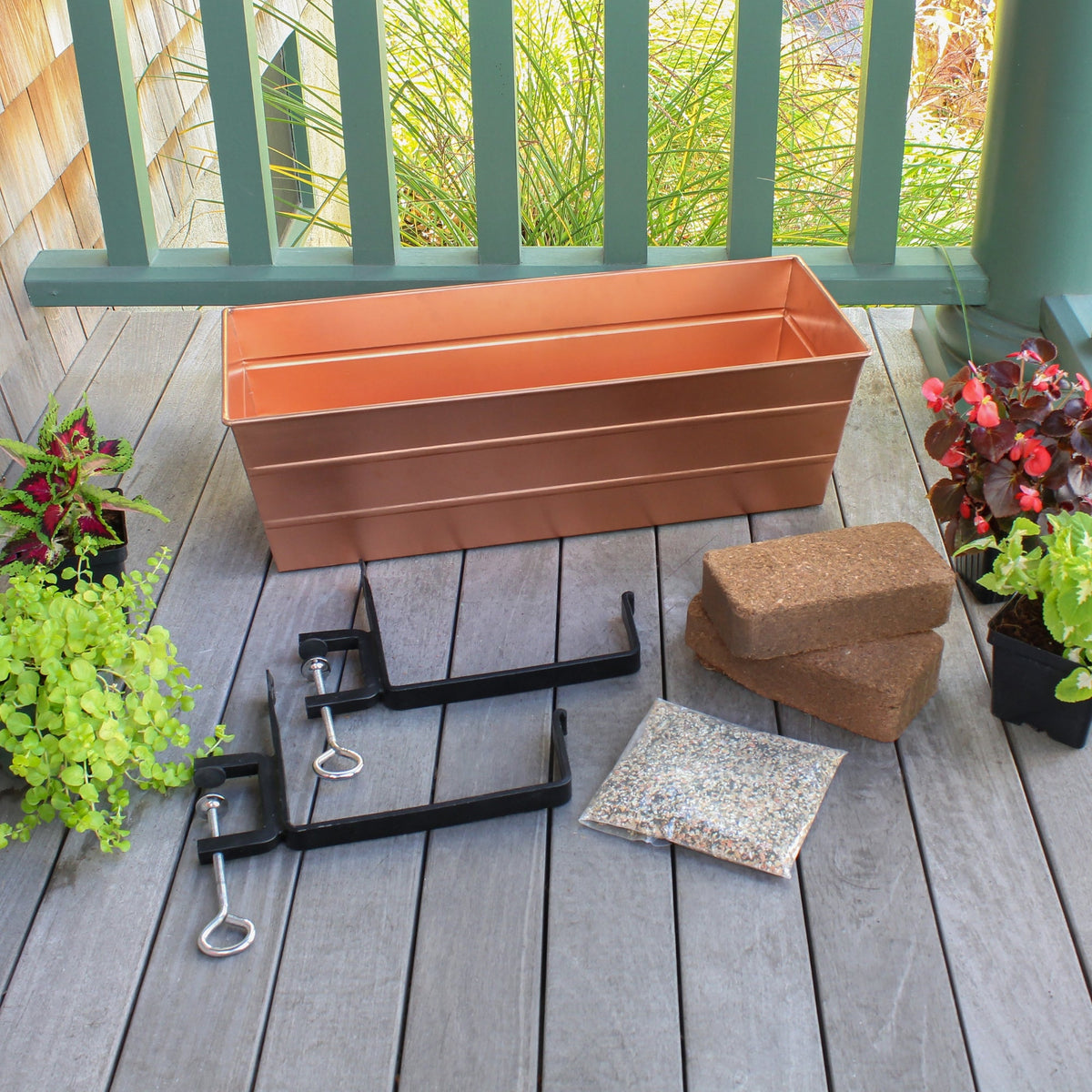 Bloom Box Garden Growing Kit, Medium Copper with Clamp-On Brackets Flower Box Brackets