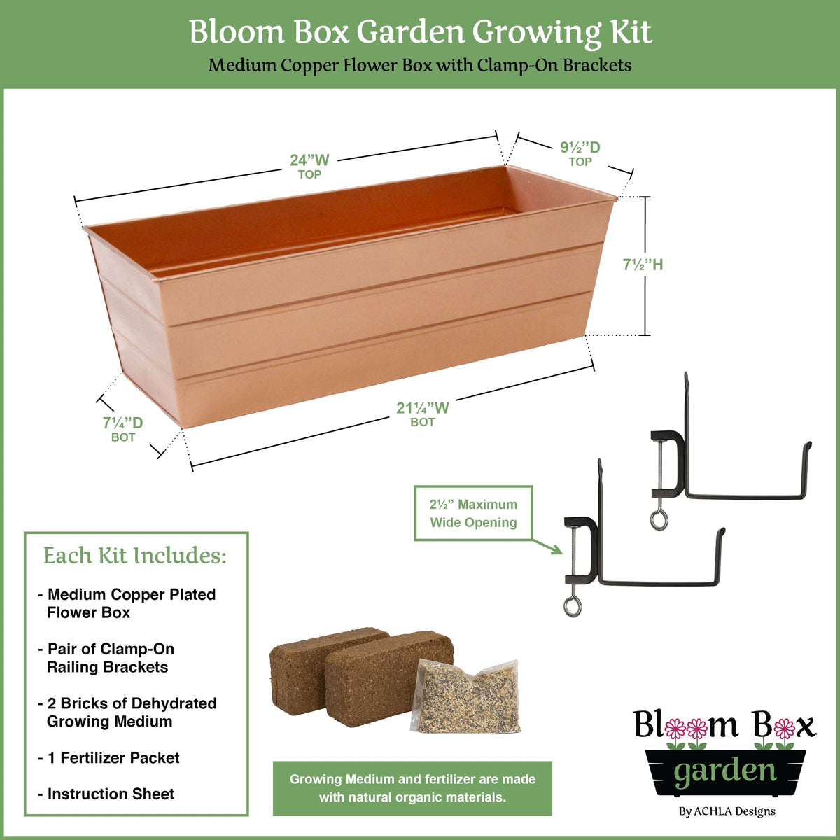 Bloom Box Garden Growing Kit, Medium Copper with Clamp-On Brackets Flower Box Brackets