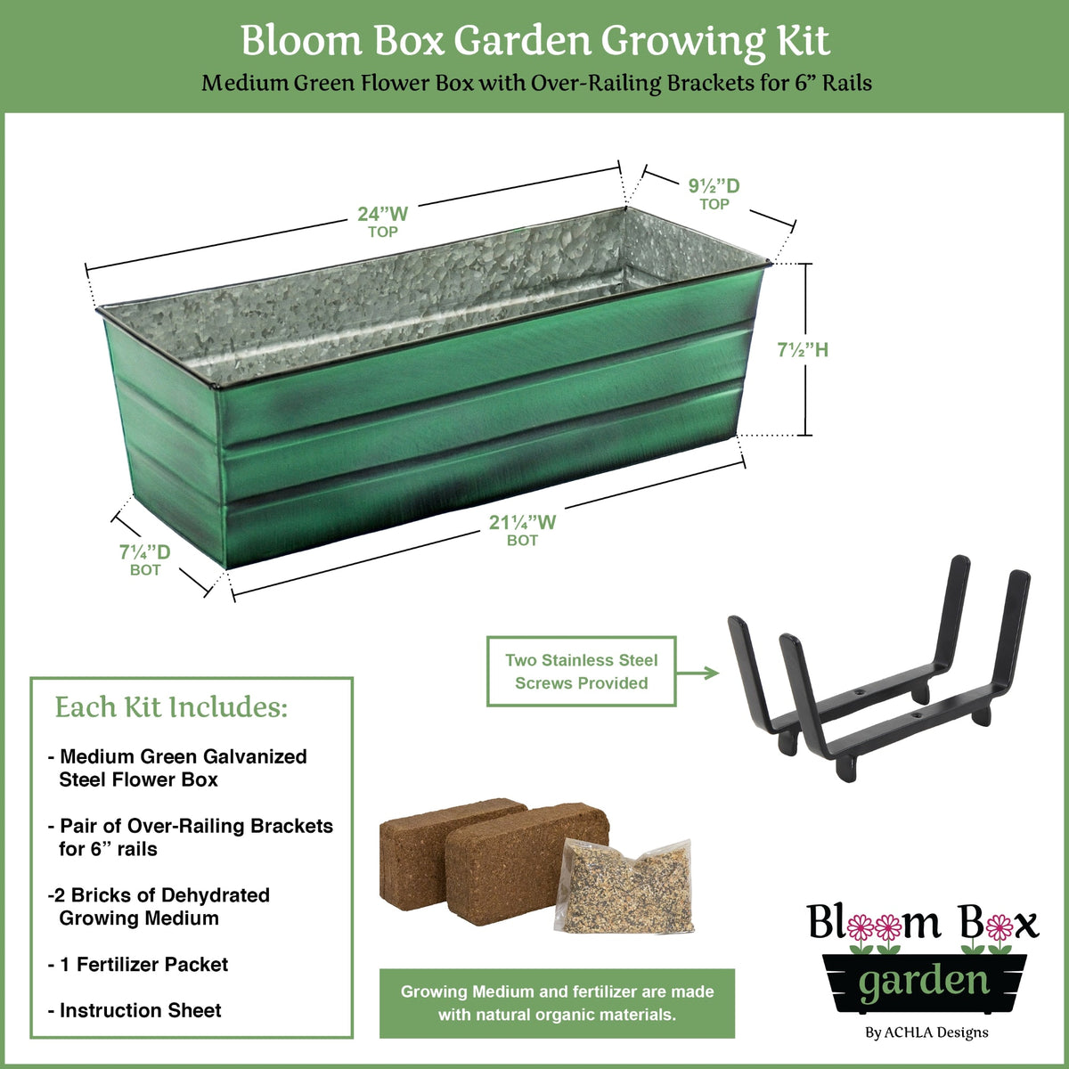 Bloom Box Garden Growing Kit, Medium Green with Brackets for 2 x 6 Railings Flower Box Brackets