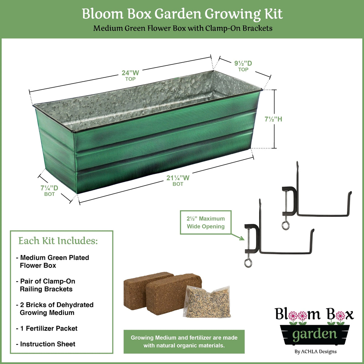 Bloom Box Garden Growing Kit, Medium Green with Clamp-On Brackets Flower Box Brackets