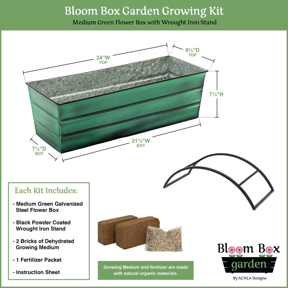 Bloom Box Garden Growing Kit, Medium Green with Odette Stand Flower Box Brackets