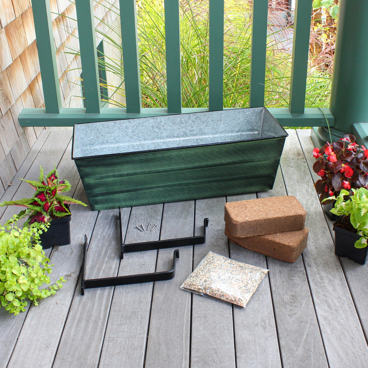 Bloom Box Garden Growing Kit, Medium Green with Wall Brackets Flower Box Brackets