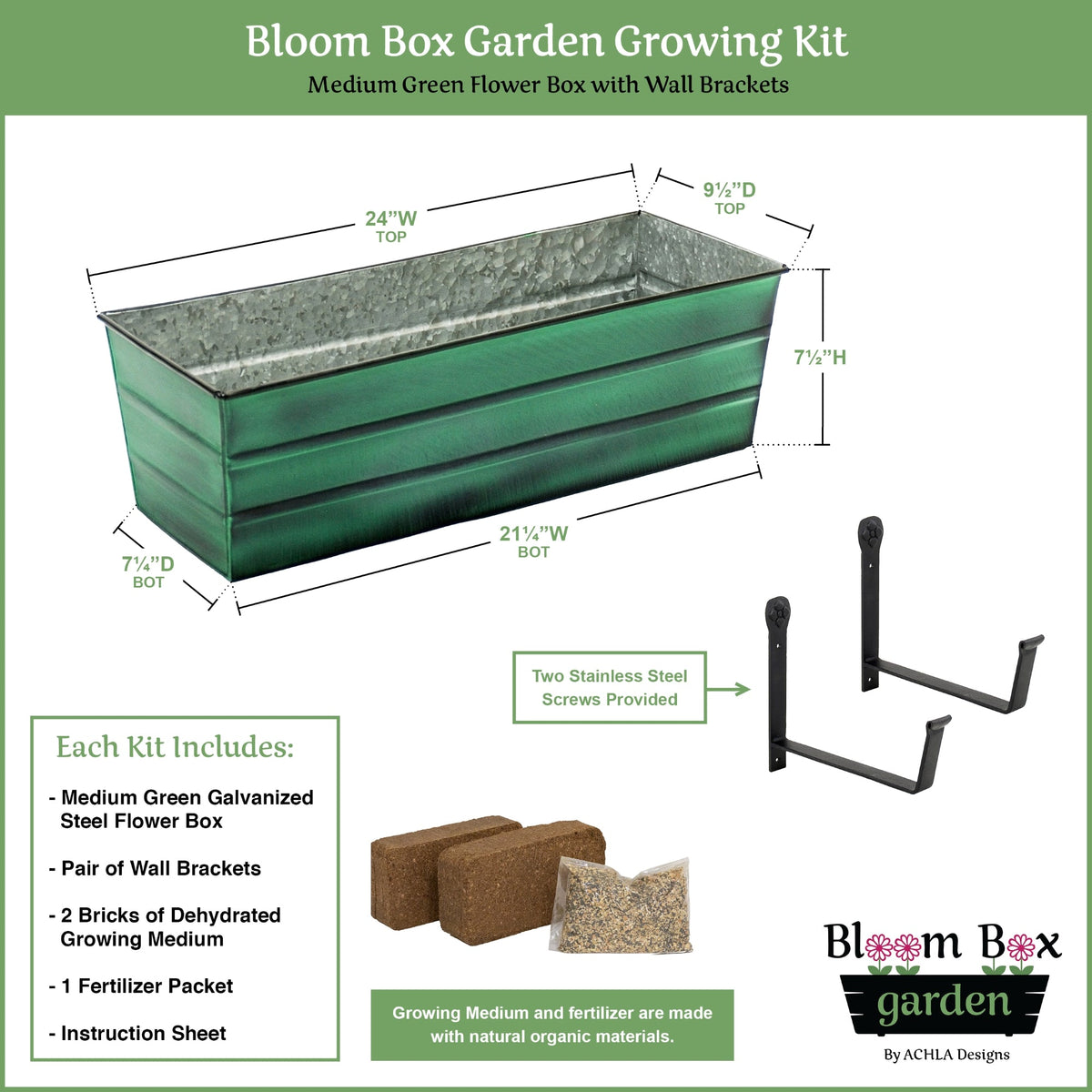 Bloom Box Garden Growing Kit, Medium Green with Wall Brackets Flower Box Brackets