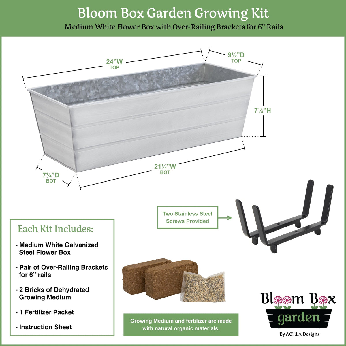 Bloom Box Garden Growing Kit, Medium White with Brackets for 2 x 6 Railings Flower Box Brackets White