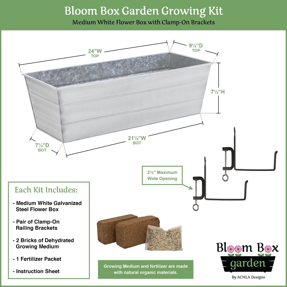 Bloom Box Garden Growing Kit, Medium White with Clamp-On Brackets Flower Box Brackets