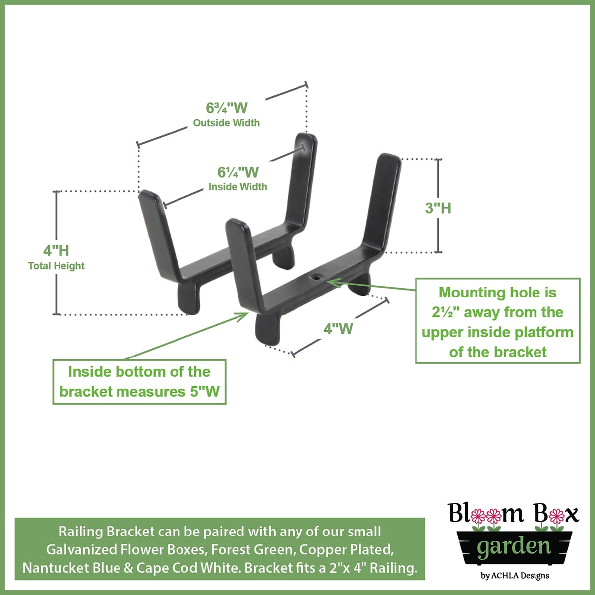 Bloom Box Garden Growing Kit, Small Green with Brackets for 2 x 4 Railings Flower Box Brackets