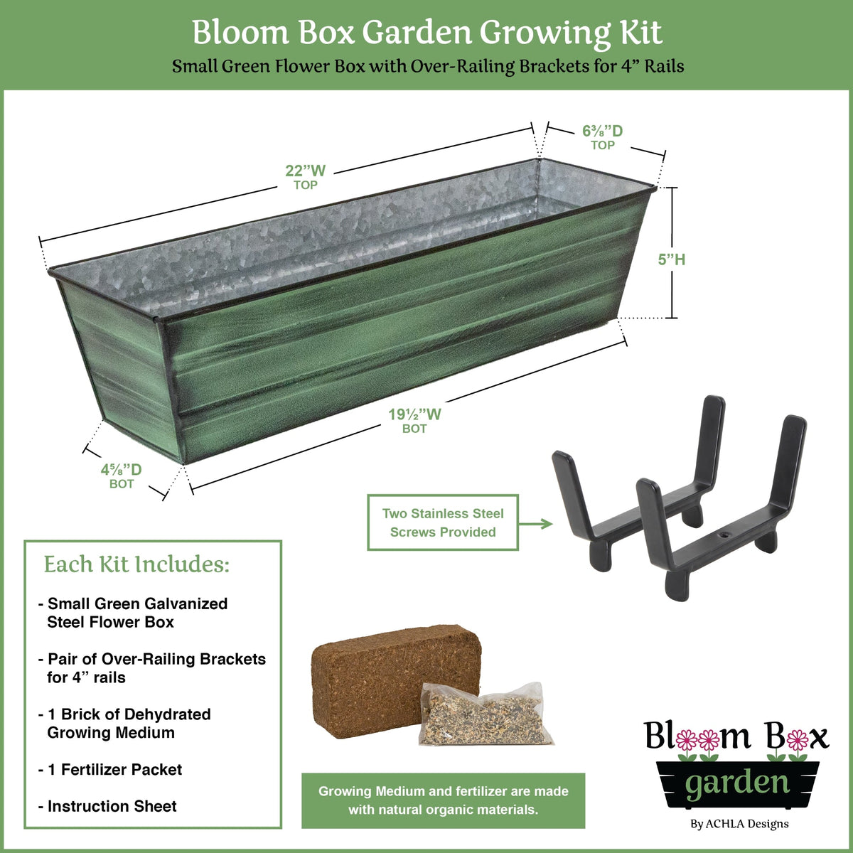 Bloom Box Garden Growing Kit, Small Green with Brackets for 2 x 4 Railings Flower Box Brackets