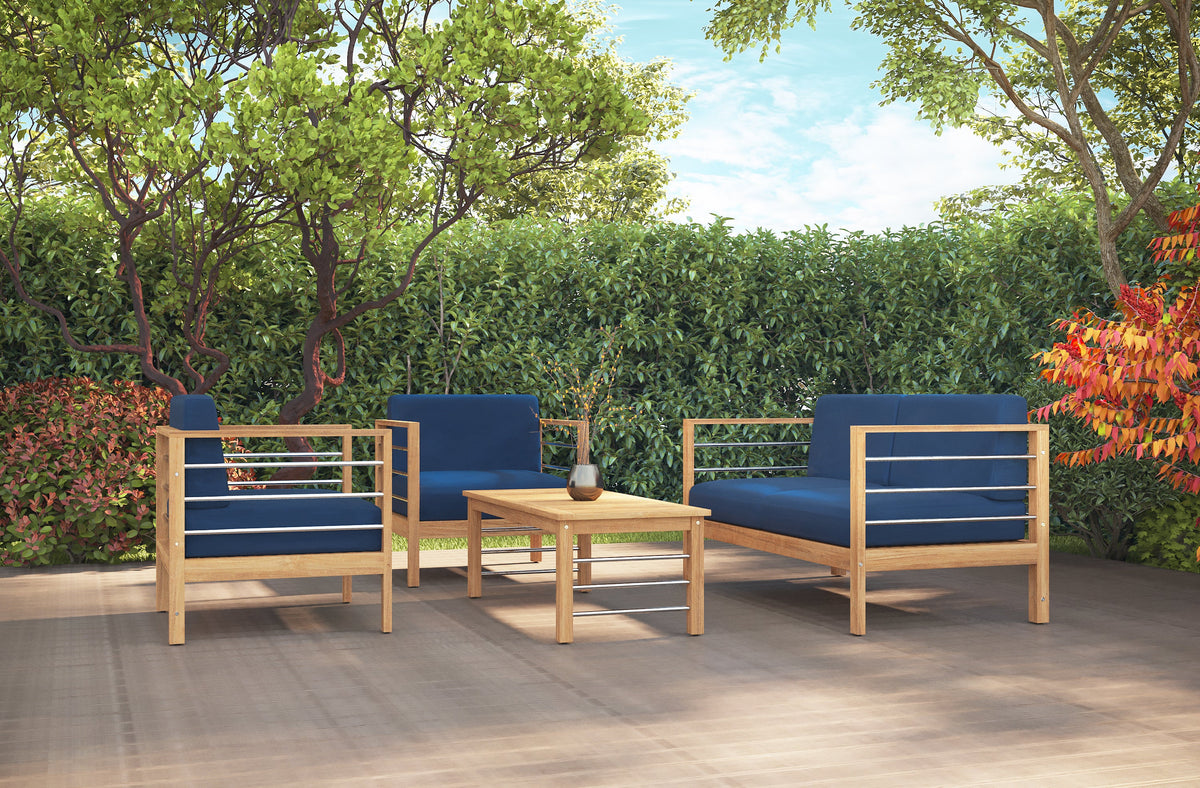 Leon 3-Person Teak Outdoor Sofa with Sunbrella Navy Cushion Outdoor Chair