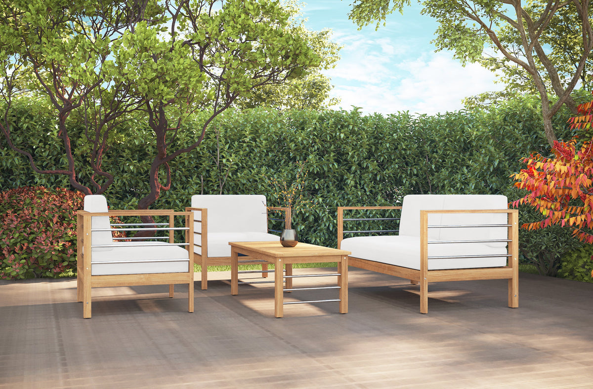 Leon 3-Person Teak Outdoor Sofa with Sunbrella White Cushion Outdoor Chair