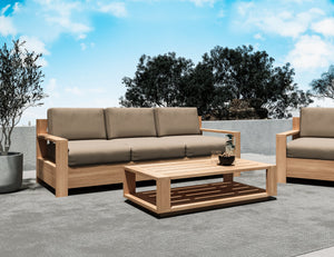 Lothair 3-Person Teak Outdoor Sofa with Sunbrella Fawn Cushion Outdoor Chair