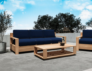 Lothair 3-Person Teak Outdoor Sofa with Sunbrella Navy Cushion Outdoor Chair