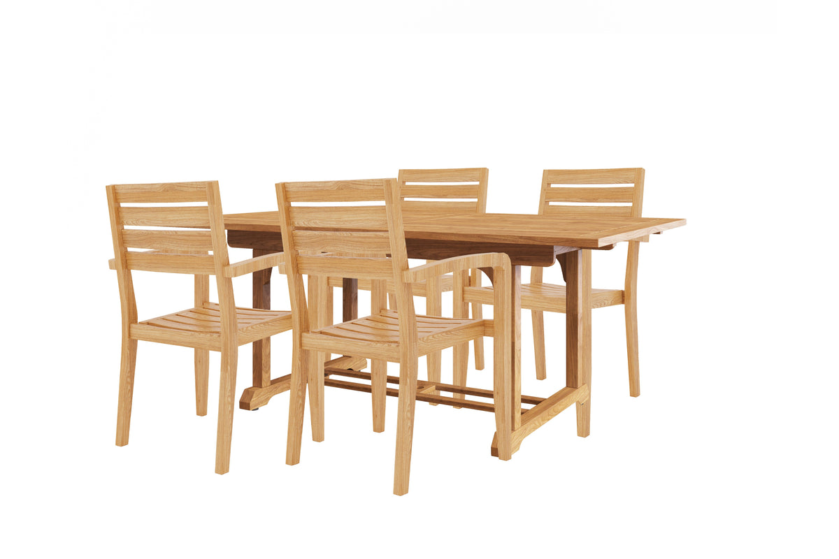Louvel 5-Piece Rectangular Teak Outdoor Dining Set with Extendable Table and Stacking Armchairs Dining Bench Set