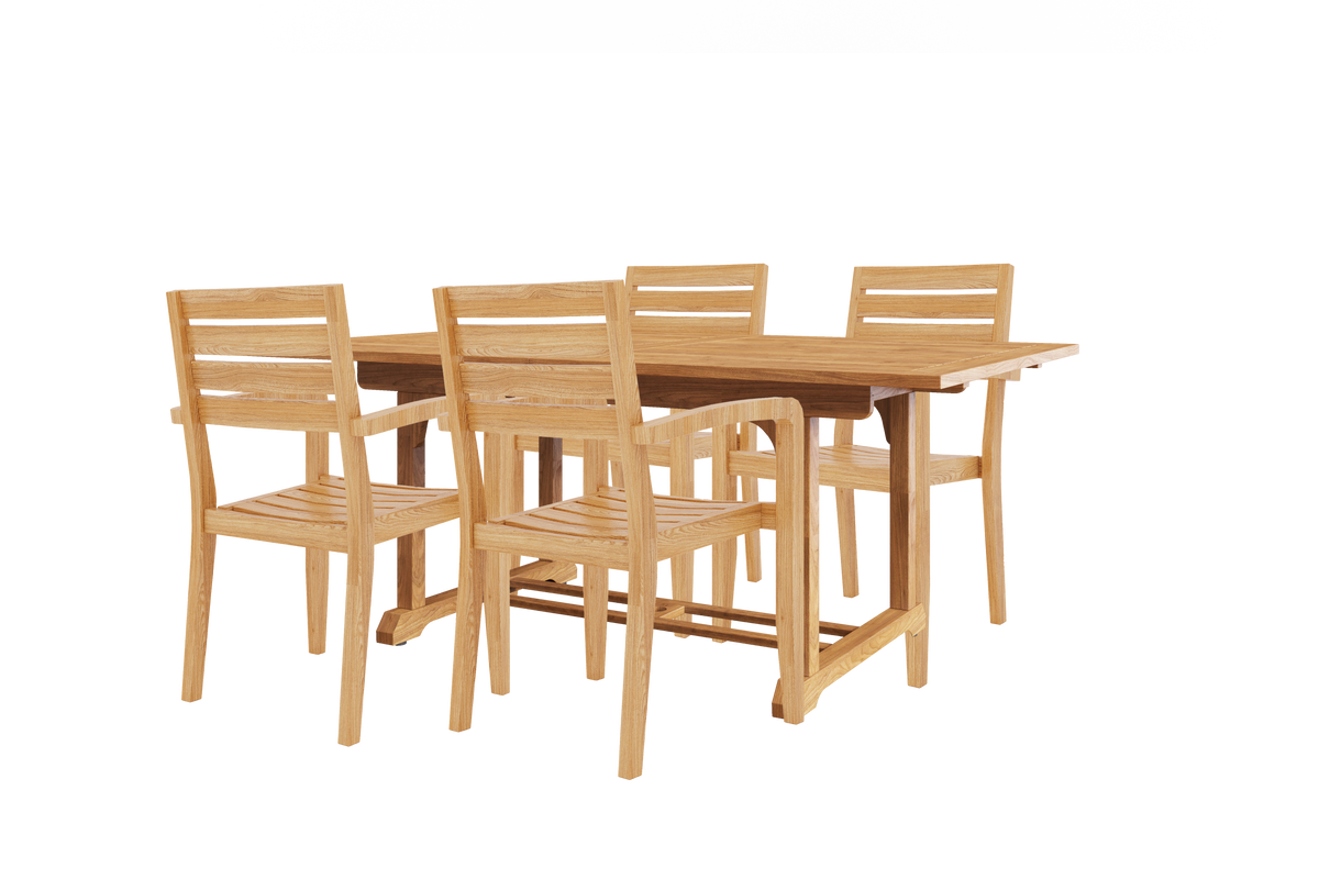 Louvel 5-Piece Rectangular Teak Outdoor Dining Set with Extendable Table and Stacking Armchairs Dining Bench Set