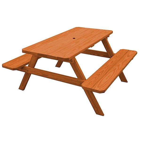 Spruce Picnic Table with Attached Benches Picnic Table 5ft / Redwood Stain / Include Standard Size Umbrella Hole