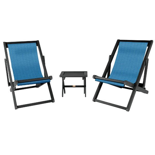 2 Arabella Folding Sling Chairs with Arabella Folding Side Table Chair &amp; Side Table Hudson / Abyss (Black)