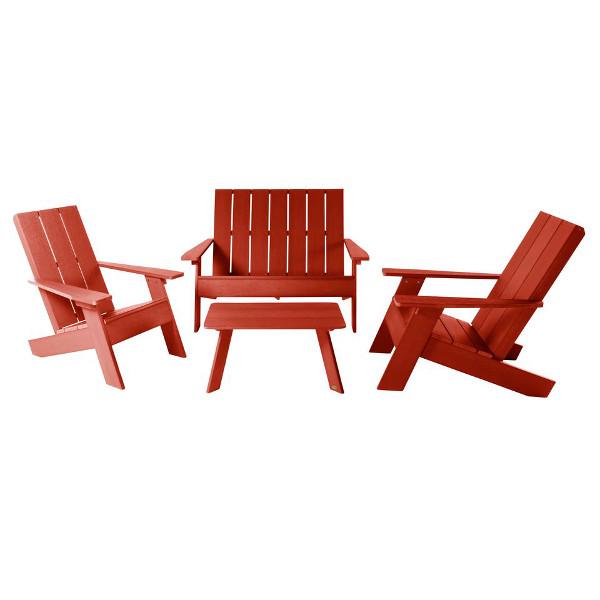 2 Barcelona Modern Adirondack Chairs, with 1 Barcelona Double Wide Modern Adirondack Chair &amp; 1 Conversation Table Conversation Set Rustic Red