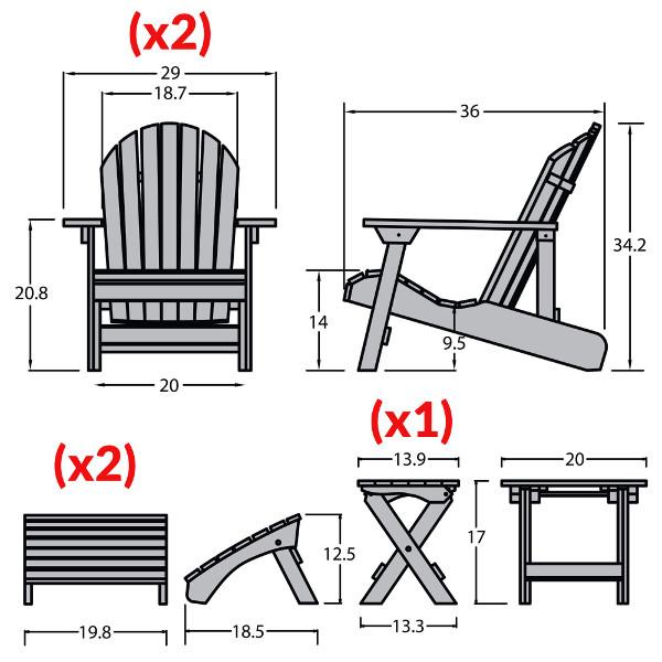 2 Hamilton Folding &amp; Reclining Adirondack Chairs, 2 Folding Ottomans, 1 Folding Side Table Conversation Set