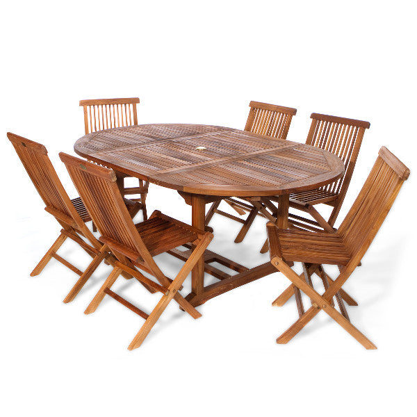 7-Piece Oval Extension Teak Table Folding Chair Set with Cushions Dining Set