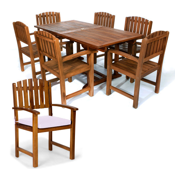 7-Piece Twin Butterfly Leaf Teak Extension Table Dining Chair Set with Cushions Dining Set