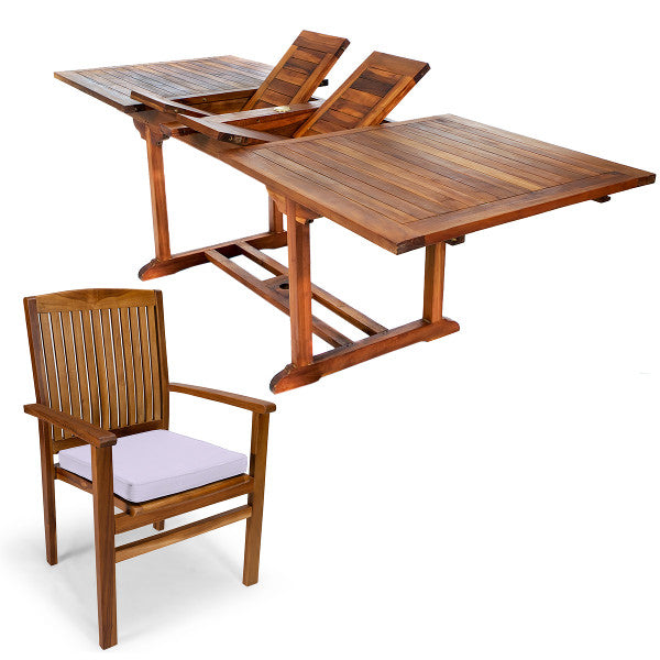 7-Piece Twin Butterfly Leaf Teak Extension Table Stacking Chair Set with Cushions Dining Set
