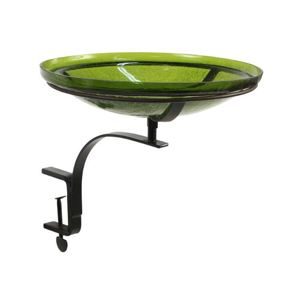 Fern Green Crackle Glass Birdbath Bowl Birdbath Bowl 14 inch / Birdbath with Rail Mount Bracket
