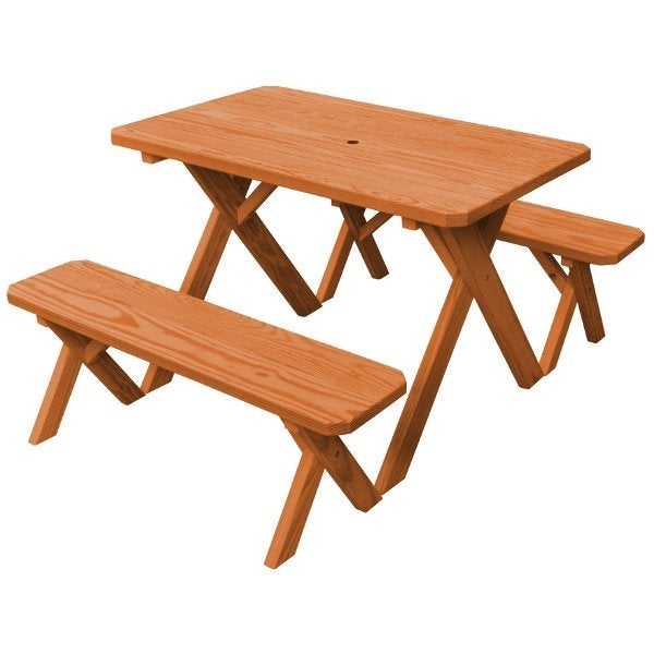 Pressure Treated Pine Crossleg Table with 2 Benches Picnic Benches 4ft / Cedar Stain / Include Standard Size Umbrella Hole