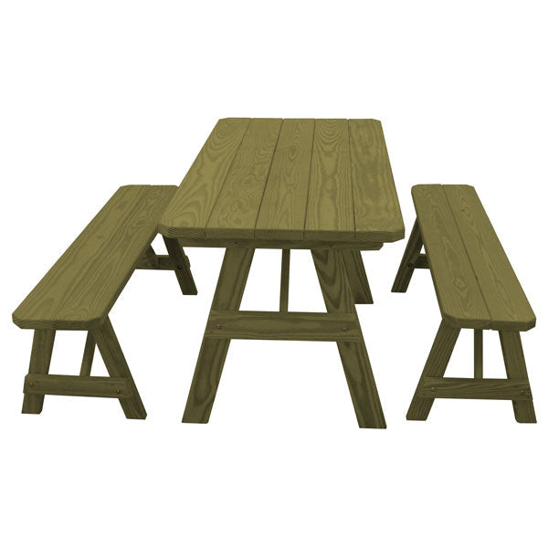 Pressure Treated Pine Traditional Table with 2 Benches Dining Bench Set 5ft / Linden Leaf Stain / Without Umbrella Hole